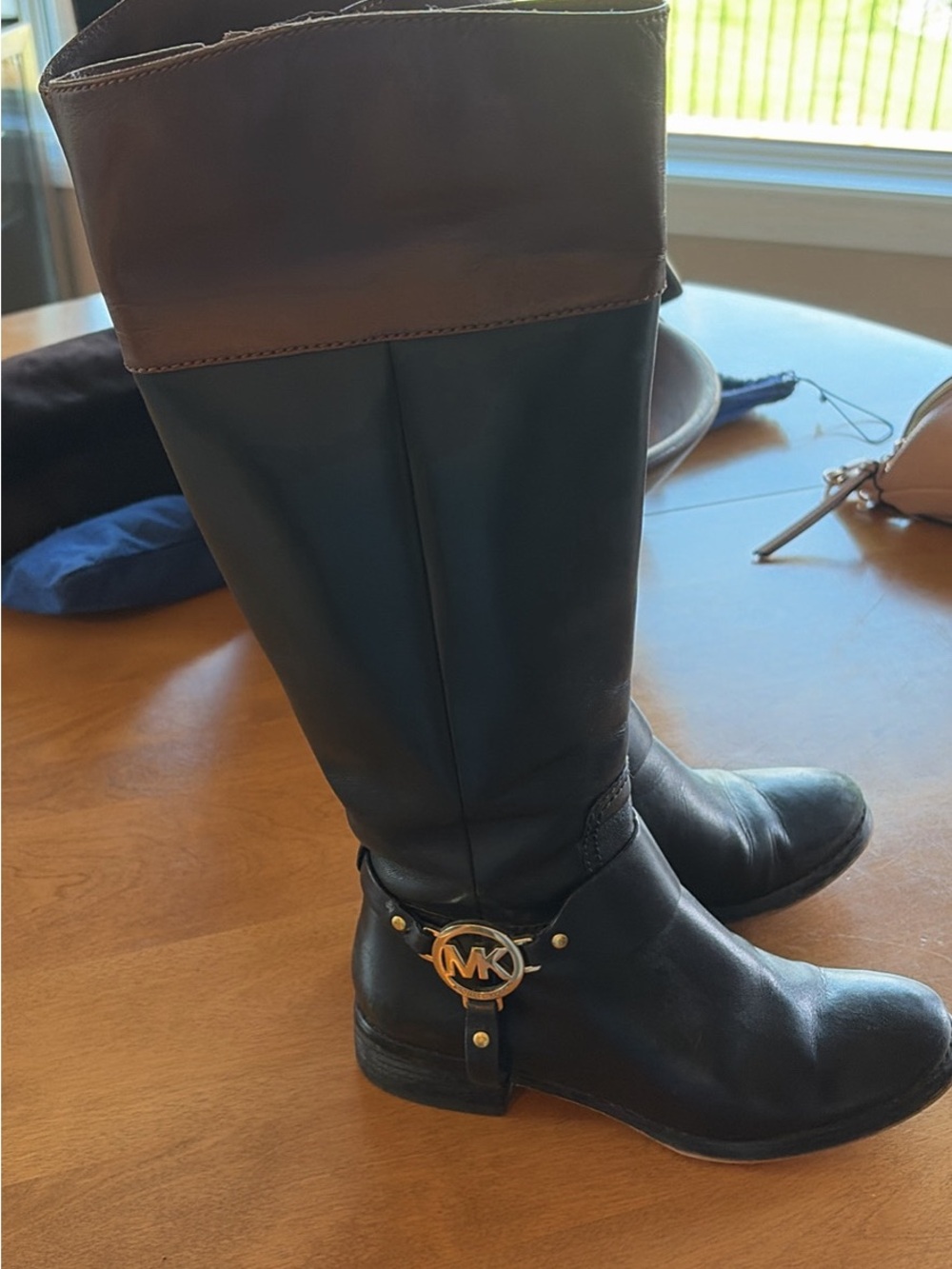 Michael Kors Black Leather Tall Riding Boots with Brown Cuff and Gold MK Emblem